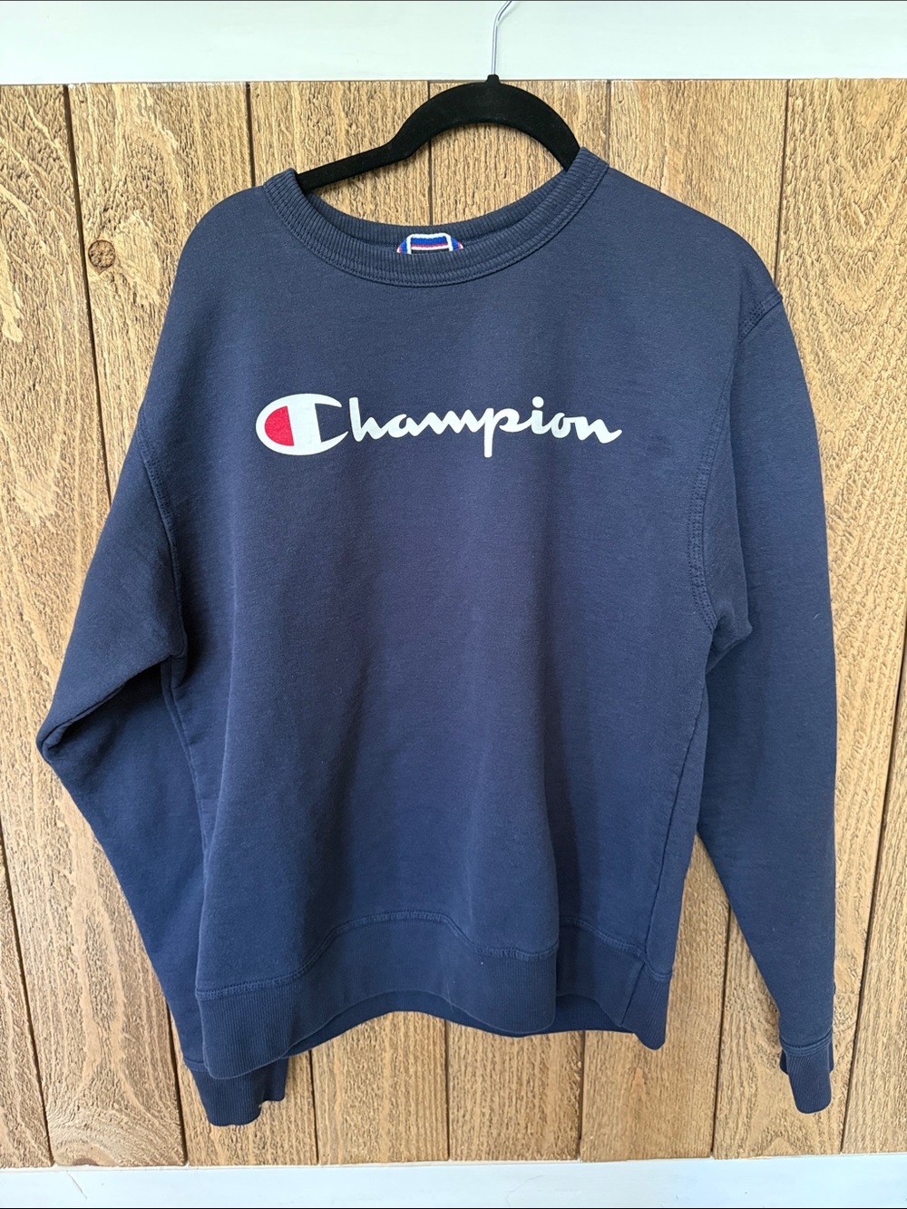 Champion Navy Crewneck with White Script and Red Accent, Size : Medium